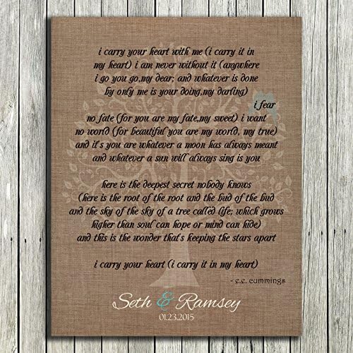 8X10 Framed Art Print - Personalized Gift For Mother of Bride Parents Faux Burlap Turquoise I Carry Your Heart E. E. Cummings Custom - With Solid Wood Frame & Gift Wrapping CWA-P1030