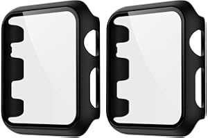HANKN 2 Pack Matte Case Compatible with Apple Watch Series 3 2 1 Tempered Glass Screen Protector, Full Coverage Hard Pc Shockproof Iwatch Cover Bumper (Black/Black, 38 mm)
