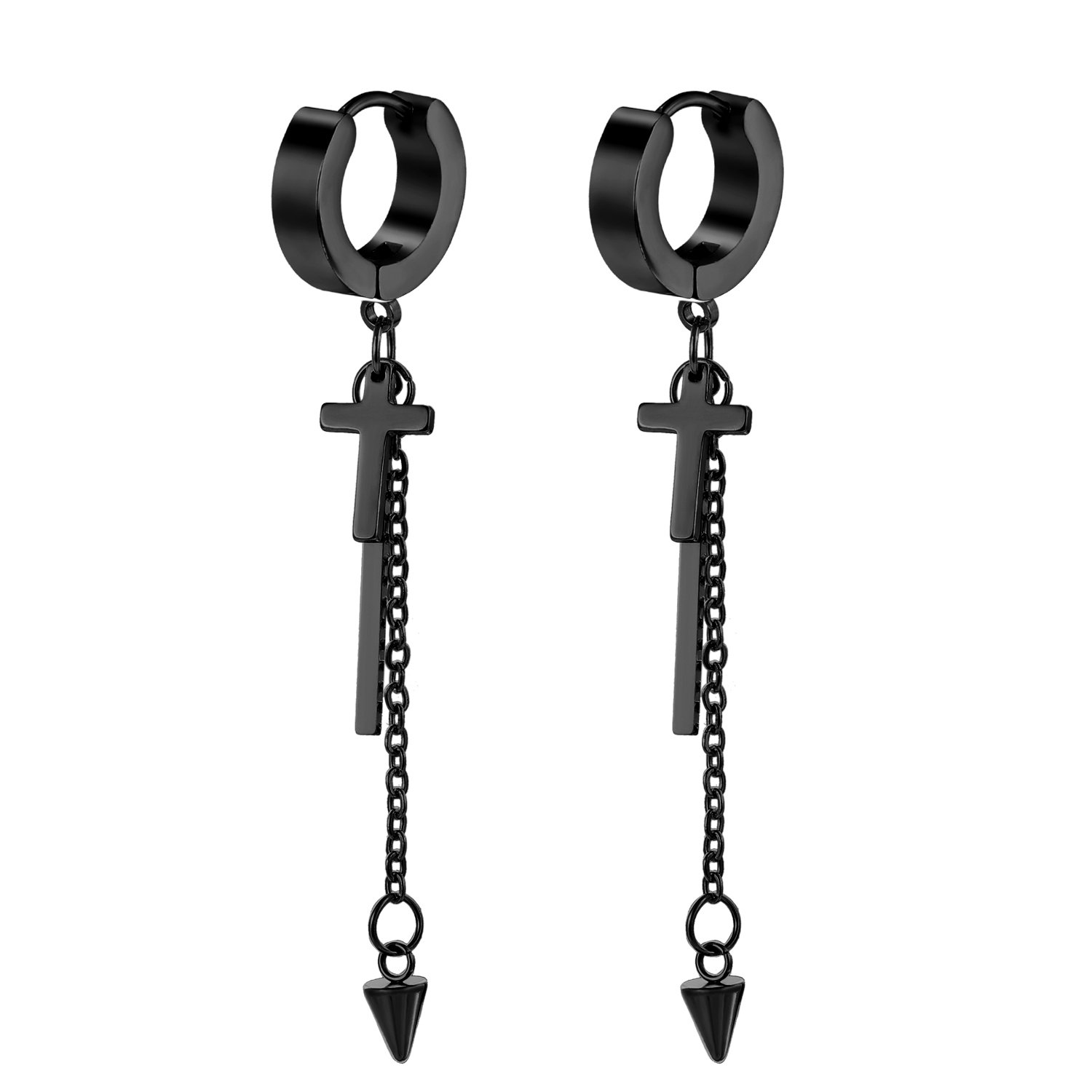 JewelryWe Huggie Hinged Hoop Cross Drop Earrings with Long Tassel Chain Stainless Steel Dangling Earring for Women(Black)