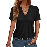 NORACORA Women's V Neck Short Sleeve T Shirt Summer Casual Tops Loose Fit Basic Blouses Trendy Fashion for Work Daily Wear