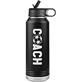 JFWcreations Soccer Coach Water Bottle - 32oz Insulated Engraved Stainless Steel Flip Top With Straw Soccer Coach Gift Black