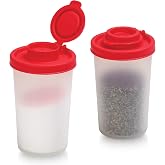 SIGNORAWARE Salt and Pepper Shakers Moisture Proof Set of 2 Large Salt Shaker to go Camping Picnic Outdoors Kitchen Lunch Boxes Travel Spice Set Clear with Red Covers Lids Plastic Airtight Dispenser