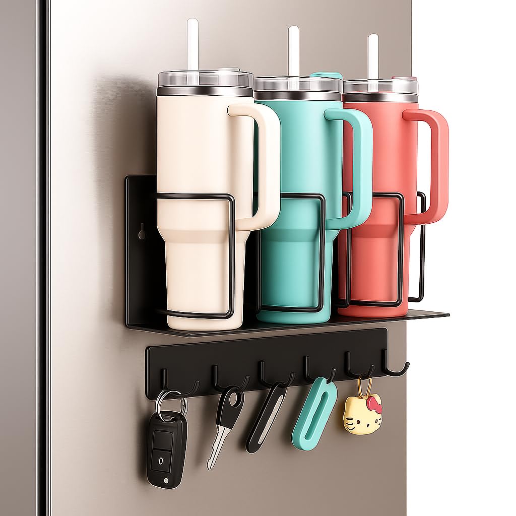 Photo 1 of Strong Magnetic Cup Holder for Fridge, Fits Stanley 40/30/20 oz, Yeti & More, No-Drill Tumbler Organizer with Lid & Straw Storage, Kitchen & RV Space Saver(2-Piece Set)