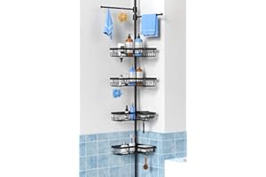 KEGII Black Shower Caddy Tension Pole with 2 Towel Bars, Adjustable Corner Bathroom Organizer, Rustproof Bathtub Storage Shelves for Shampoo, 25–114.2 Inch Shower Corner Rack for Renters & Family