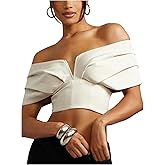SweatyRocks Women's Off The Shoulder Sexy Pleated Bustier Crop Top Short Sleeve V Wire Cinched Waist Blouses