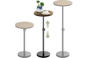Jollcma Small Round Side Table, Height Adjustable Drink Table for Small Spaces, Pedestal Side Table with Marble Base, Martini Table for Living Room, Bedroom, Sofa, Office, Brown