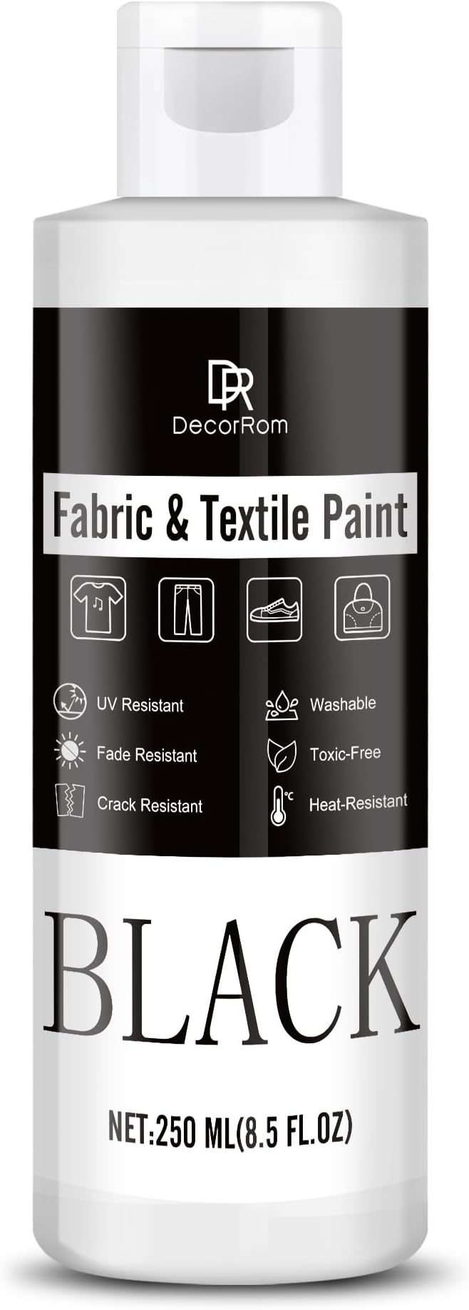 DecorRom Black Fabric Paint 250ml Non-Toxic Permanent for DIY Projects