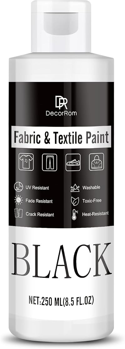 DecorRom Black Fabric Paint 250ml Non-Toxic Permanent for DIY Projects