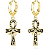 Ankh Dangle Earrings 925 Sterling Silver 18K Gold Plated Eye of Horus Drop Earrings Egyptian Ankh Cross Leverback Birthstone Jewelry Gift for Men