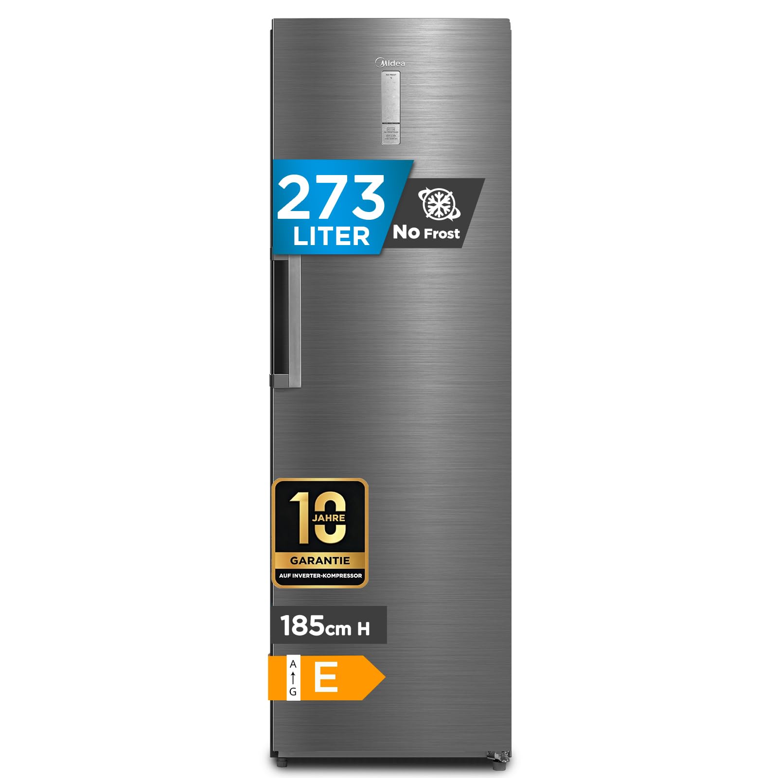 Midea Gefrierschrank & Kühlschrank in einem MDRU385MTE46 | 273L, 185 cm | Umschaltbarer Kühl- & Gefriermodus | NoFrost & Multi Air Flow | GMCC-Kompressor, Leise & Energiesparend | Freistehend, Inox