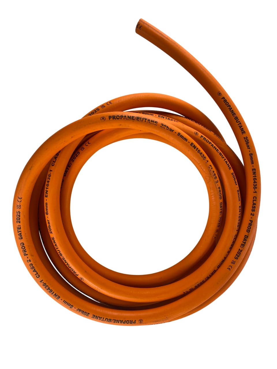 8mm Orange Gas Pipe for Propane/Butane, Stamped with Manufacture Date + Clips (2m)