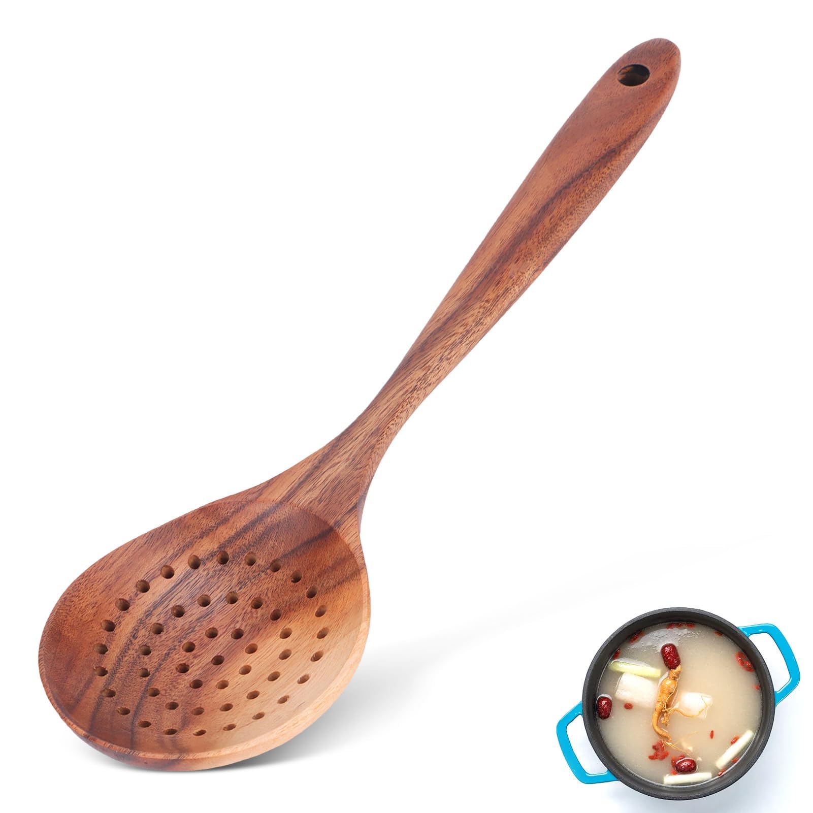 Skimmer Cooking Spoon with Holes Handle Slotted Skimmer Spoon for Frying and Draining 11.0x3.1inch Wooden Scoop Slottedspoon Strainer Oil Colander Colander Ladle Scoop for Kitchen