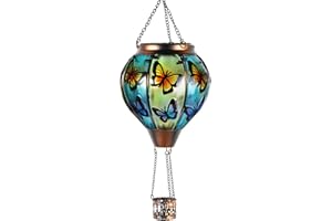 pearlstar Hot Air Balloon Solar Lantern with Flickering Flame Light Outdoor Solar Hanging Lights Waterproof for Garden Yard Farmhouse Patio Pathway Outside Decoration,Glass(Butterfly)