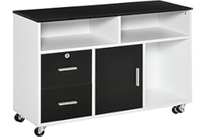 HOMCOM Lateral Filing Cabinet with Open Storage Shelf, Printer Stand Home Office Mobile File Cabinet with Wheels, Lockable Dr
