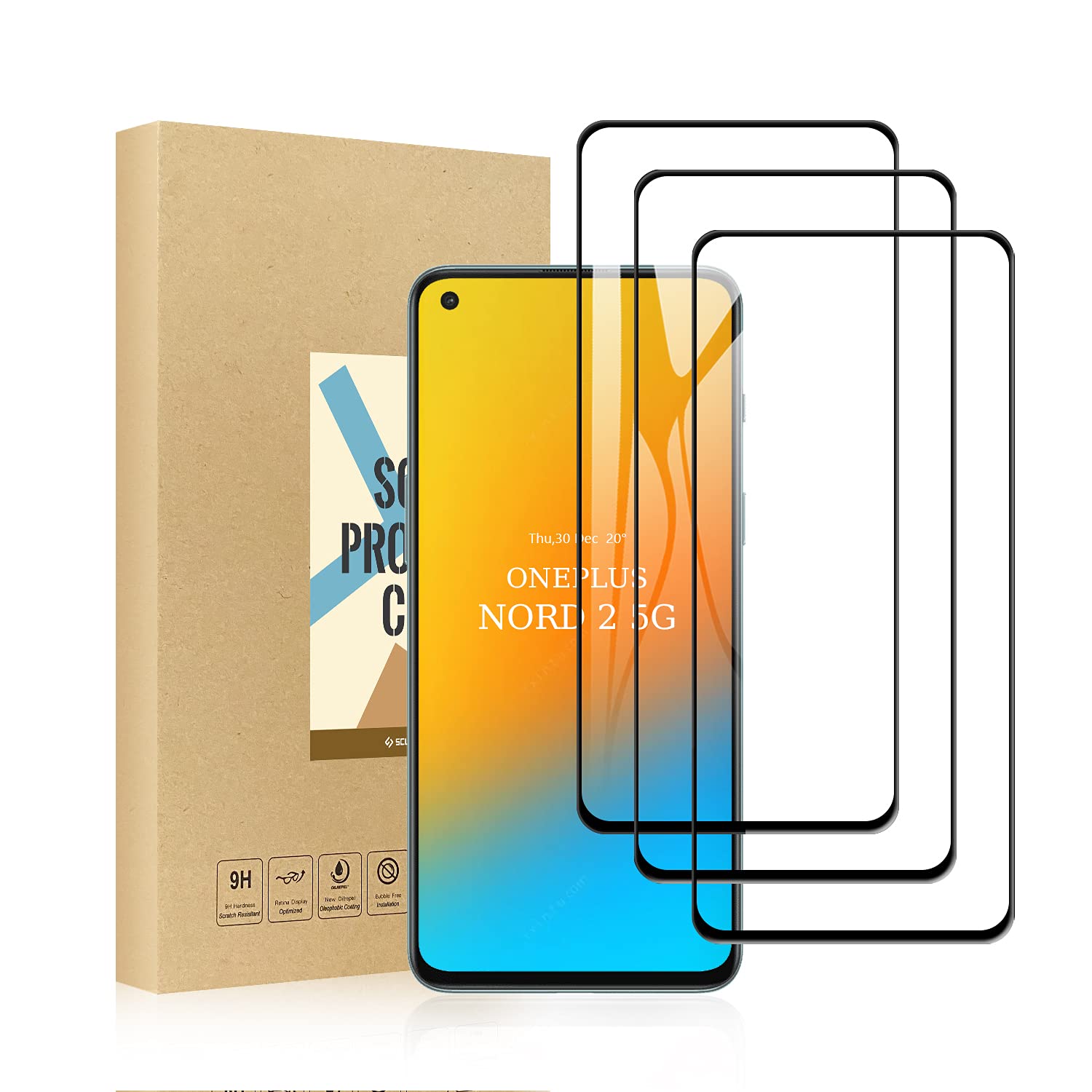 SCL Screen Protector Compatible with OnePlus Nord 2 5G Screen Protector OnePlus Nord 2 Tempered Glass Film [3-Pack], [Full Coverage, Easy Installation, Bubble-free, 9H Hardness]