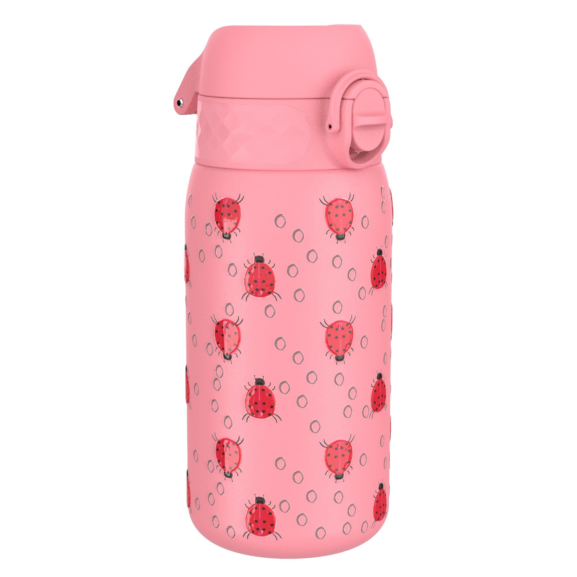 Ion8 Lightweight Steel Kids Water Bottle, 400ml/13oz, Non-Insulated, Leak Proof, Easy to Open, Secure Lock, Dishwasher Safe, Fits Cup Holders, Carry Handle, Metal Water Bottle, Pink, Lady Bugs