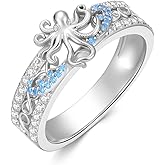 LONAGO Sea Turtle/Octopus/Dolphins/Seahorse Ring 925 Sterling Silver Infinity Blue Opal Sea Animal Rings for Women Ocean Jewelry Size 7-9