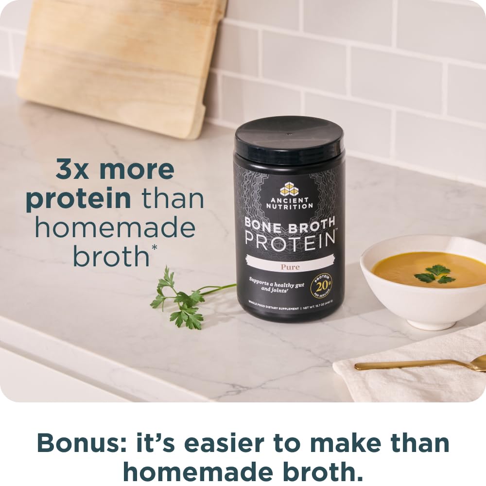 Ancient Nutrition Grass Fed & Cage Free Bone Broth Protein Powder, 20g Protein Per Serving, Hydrolyzed Collagen Peptides, Glucosamine, Chondroitin, Supports Joint & Gut Health, Pure, 20 Servings