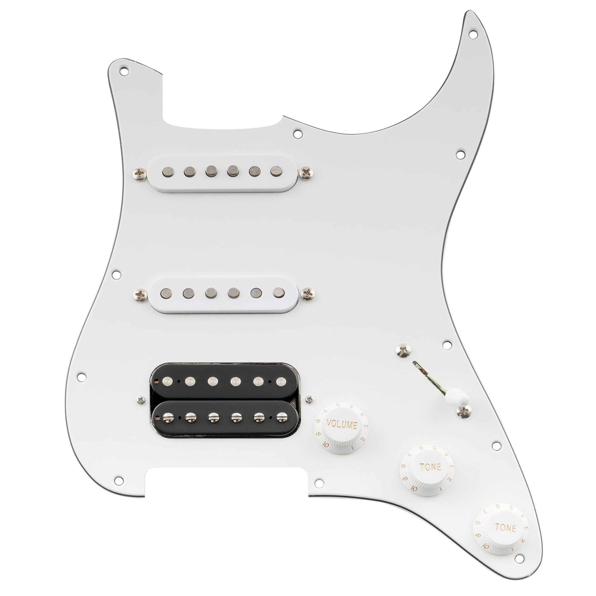 Musiclily Pro Auto-Split Pre-wired Standard HSS Pickguard with Artec Pickups Alnico 5 Magnet for ST Style Electric Guitar, 3ply White