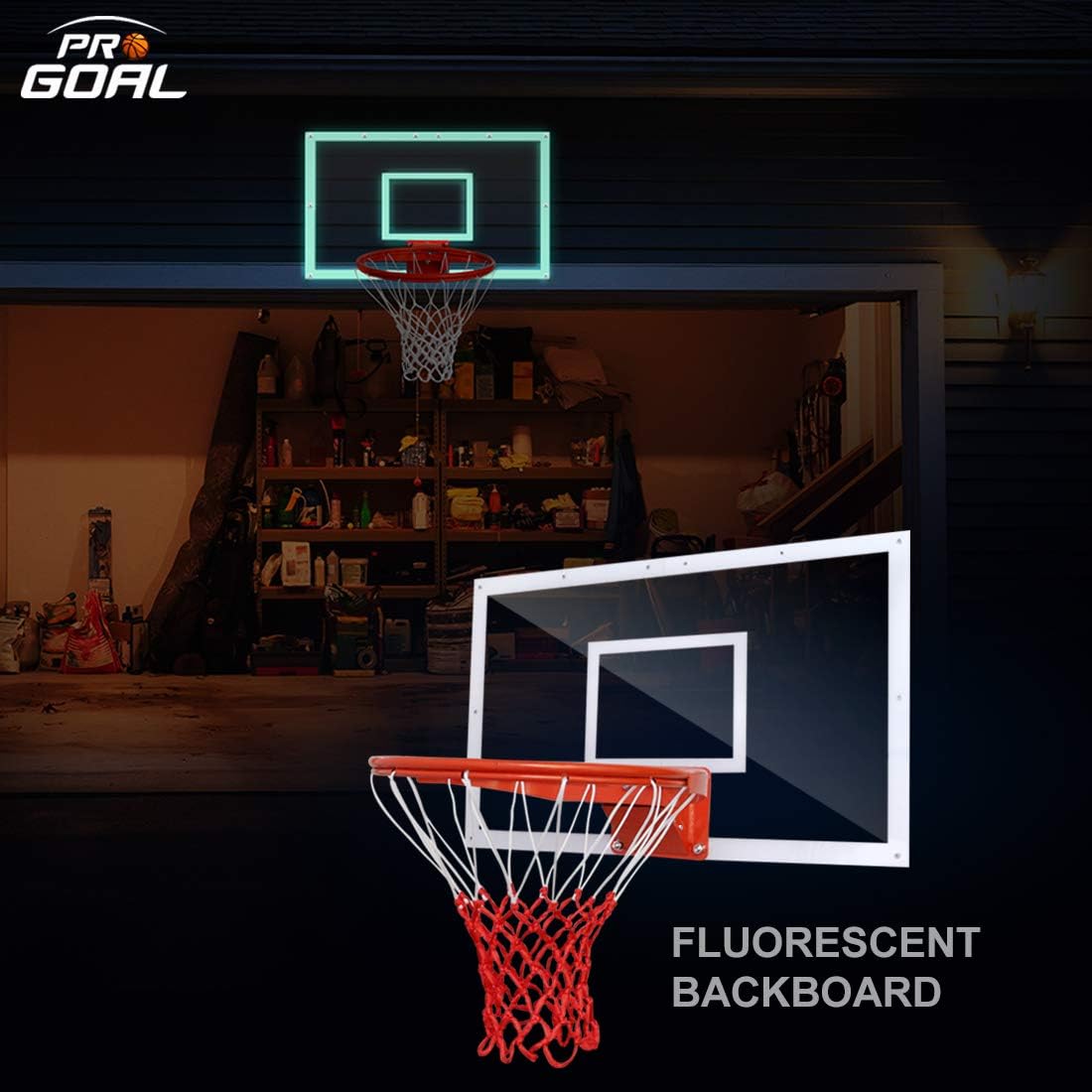 PROGOALBasketball Hoop Wall Mounted Spliced Fluorescent Backboard 36x22in with Professional Basketball Rim