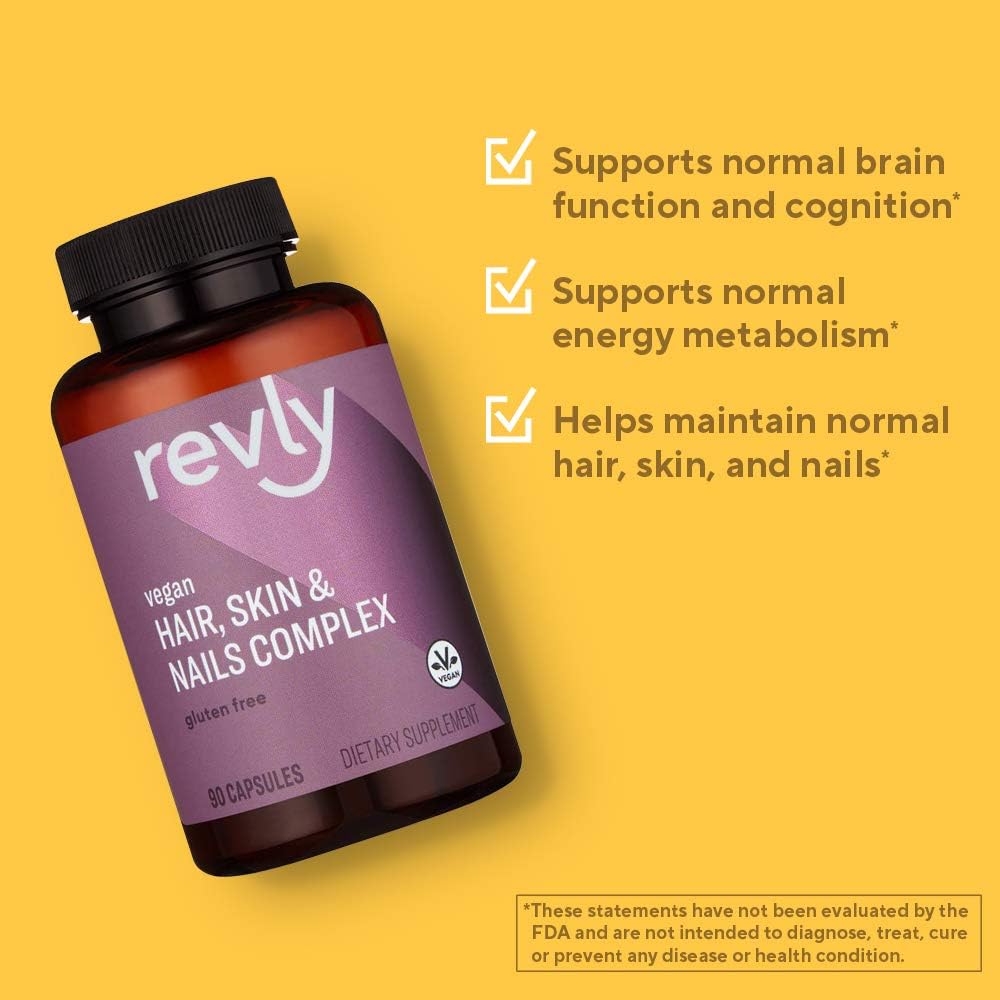  Brand - Revly Vegan Hair, Skin, & Nails Complex with Biotin 2000 mcg, 90 Capsules, 3 Month Supply: Health & Personal Care