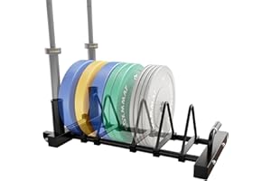 GXMMAT Horizontal Olympic Weight Plate Rack | 330lbs Capacity Powder-Coated Steel Frame | 4 Plate Storage Slots + 2 Barbell Holders | Adjustable Slot Spacing | Includes Wheels & Non-Slip Handles