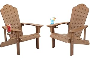 HOMEHUA Adirondack Chair Set of 2, Adirondack Chair Weather Resistant with Cup Holder, Imitation Wood Stripes, Easy to Assemble, Outdoor Chair for Patio, Backyard Deck, Fire Pit Lawn Porch- Wood Color