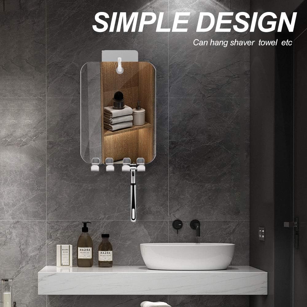 RRtide Fogless Glass Mirror.Anti Fog Shaving Mirror (Small 5.5x7.5 inches) with Razor Holder. Seamless Hooks. Lightweight Portable Shower Mirror Wall Hanging. Bathroom Accessories for Men & Women. -