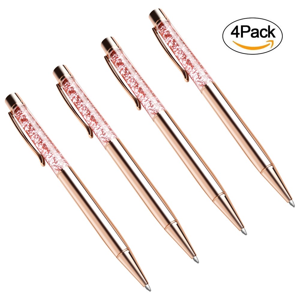 Ballpoint Pens, BYSOU 4 Pcs Rose Gold Metal Pen Refills Bling Dynamic Liquid Sand Pen Black Ink for Office Supplies