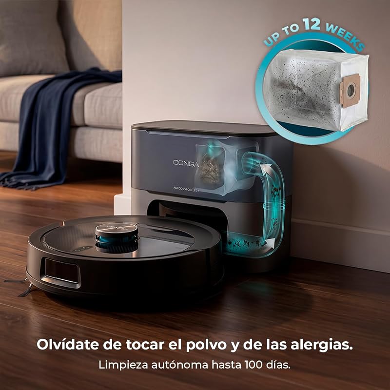 Robô aspirador e esfregão com base auto-esvaziante Conga Y80 Dark. Navegação a laser, 25000Pa, autonomia 240min, escova de silicone para animais, saco de pó 3L, Bluetooth e WiFi, aplicação