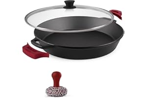 Cuisinel Cast Iron Skillet + Glass Lid + Red Chainmail Scrubber - 15"-Inch Dual Handle Braiser Frying Pan + Silicone Handle C