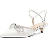 Aachcol Womens Close Toe Rhinestone Bow Kitten Heels Pointed Toe Low Heel Bow Pumps Adjustable Ankle Strap Bridal Prom Wedding Dress Shoes