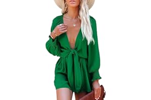 AlvaQ Rompers for Women 2024 Summer Tie Knot Front Sexy V Neck Short Jumpsuits