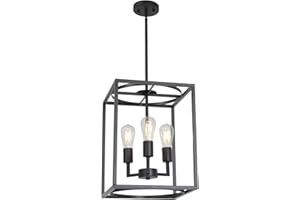BONLICHT Rustic Hall Foyer Cage Chandelier 3-Light Vintage Industrial Farmhouse Lantern Square Pendant Hanging Lighting Black Kitchen Island Ceiling Light Fixture for Dining Room Hallway Bar