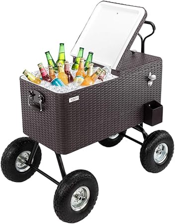 80 Quart Rattan Rolling Cooler Cart With Wheels Drink Beverage Bar Ice Chest