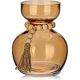 Hollyone Amber Glass Vases Bud Vase for Flowers Vintage Modern Short Vases with Wooden Beads Small Glass Vase for Centerpieces Home Table Shelf Living Room Wedding Decorations