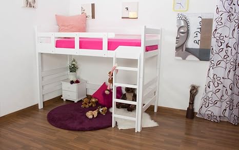 Kinderbett/Hochbett'Easy Premium Line' K14/n, Buche Vollholz massiv Weiß - Maße: 90 x 200 cm