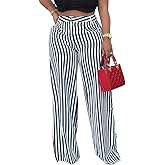 MESLIMA Women's Casual High Waist Trousers Fashion Striped Print Summer Loose Wide Leg Pants with Pockets