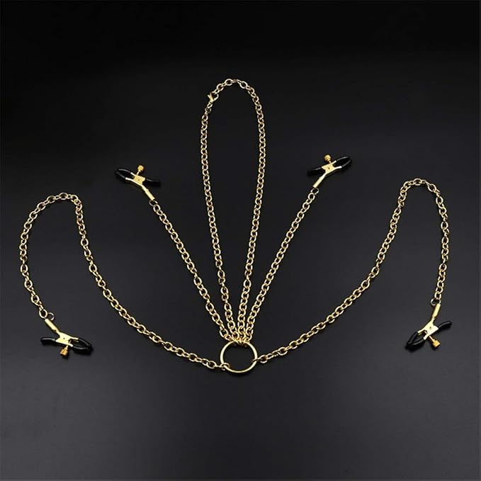 Sakuldes Sex Toys Multifunktionsnippel Clip Lange Kette Unterkörper Clip 4 Clips Erwachsene Flirt Spielzeug (Color : Gold)