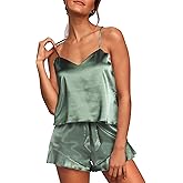 Aamikast Womens Silk Satin Pajama Sets Sexy Cami Ruffled Shorts Sets 2 Piece Pjs Sleepwear