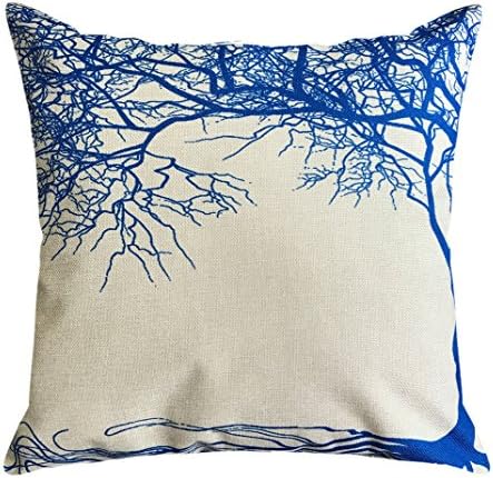 NATURALSHOW Forest Plants Blue Tree Throw Pillow Cover Sham Slipover Cotton Linen Pillowcase Square Pillowslip Sham For Wedding Festival Christmas Xmas Decor Decorative