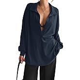 Fisoew Womens Oversized Deep V Neck Sweatshirts Casual Collared Long Sleeve Ribbed Knit Pullover Tops Navy