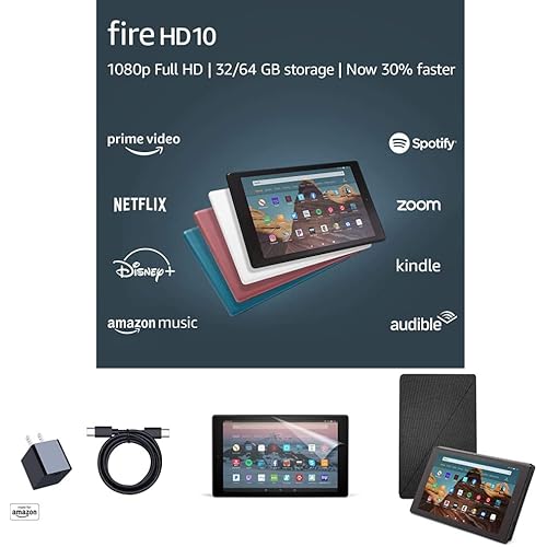 Fire HD 10 Tablet (32 GB, Black, Ad-Supported) + Amazon Standing Case (Black) + Nupro Anti-Glare Screen Protector (2-pack) + 15W USB-C Charger