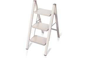 FLYGENERAL 3 Step Ladder, Cream Iron Folding Ladder Stool, Wider Upgraded Non-Slip Treads, Portable Lightweight Ladder for Home and Kitchen, Holds up to 330 Lbs.…