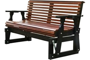 Beneouya 2-Seater Outdoor Rocking Chair, 5FT Wood Glider Chair with High Roll Back, Cupholders and Deep Contoured, Glider Rocking Chair for Porch, Garden, Dark Grey and Dark Brown