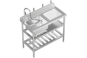 TIOUTBOT 39.4"x19.7"x34.6" Stainless Steel Utility Sink, Freestanding Single Bowl with Pull-Out Hot & Cold Faucet, S-Hooks, Storage Shelf, Adjustable Legs for Laundry Room, Garage, Kitchen