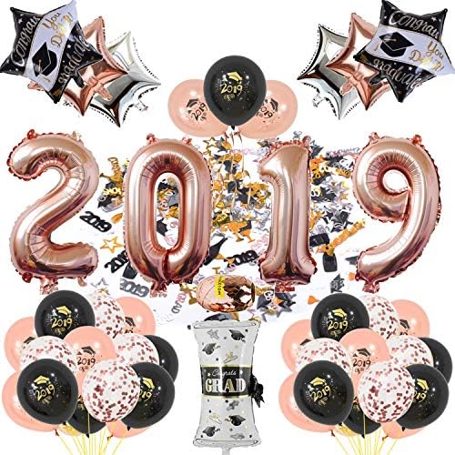 40inch Rose Gold 2019 Graduation Party Balloons with Confetti Balloons 18inch Rose Gold Silver Black Five-Pointed Star Balloons for Graduation Event Anniversary Party Decorations (Rose Gold)