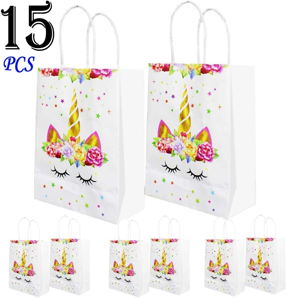 Kroycki Unicorn Party Favor Bags for Birthday Paper Candy Bags Tote Bags for Baby Shower Gift Bags Goodie Bag Unicorn Birthday Party Supplies for Kids Treat Bags (15 Packs with Handle)