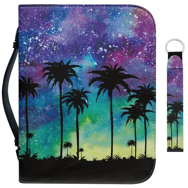 Garronmavis Gradient Pine Trees Bible Cover for Boys Girl, Galaxy Tree Bible Bag, Impressionism Painting Bible Book Case Key Chains - M