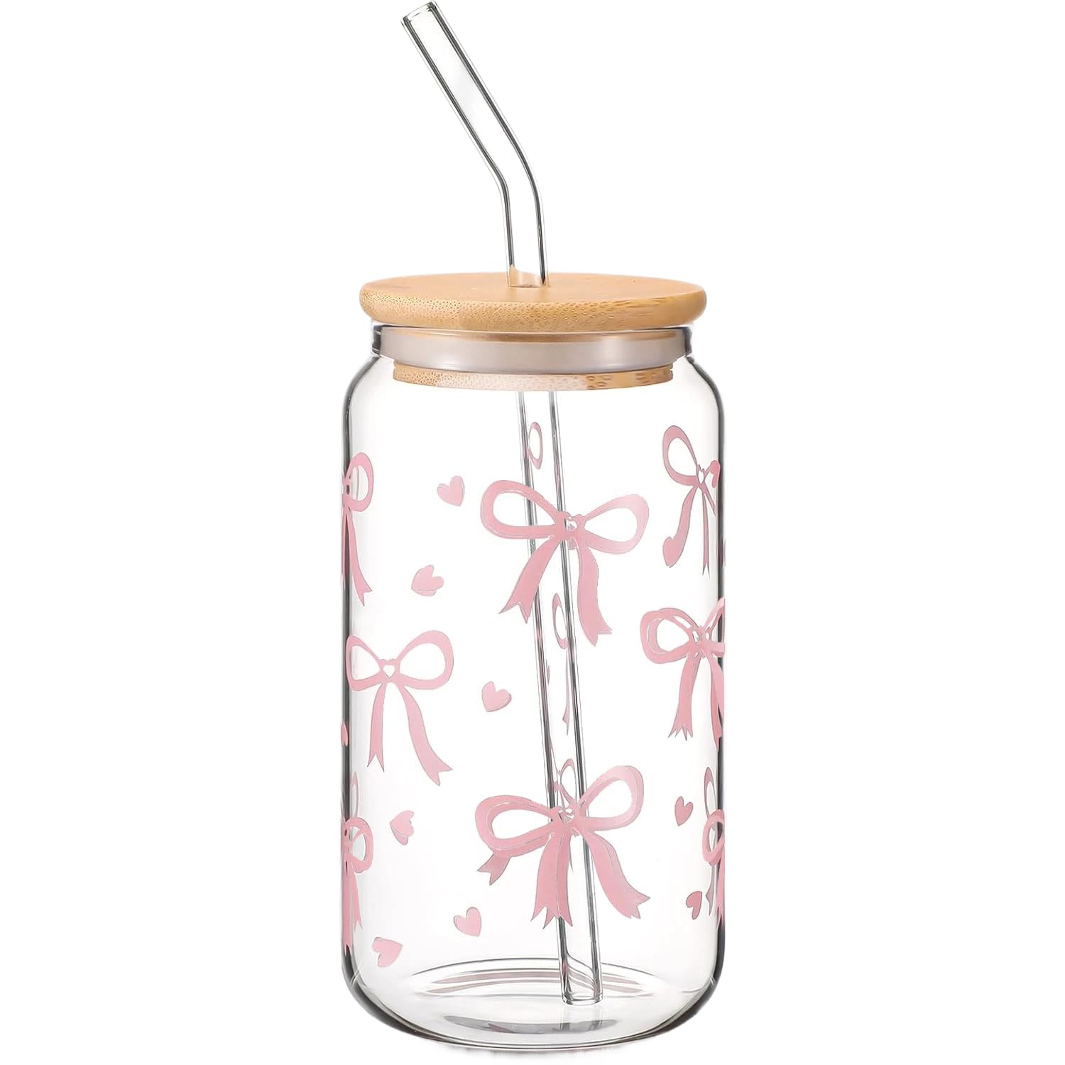 Cumnvulnt Coquette Aesthetic Glass Cups with Lids and Straws, Pink Bow Iced Coffee Cup, 16oz Cute Glass Tumbler Gifts for Women Girls Friends
